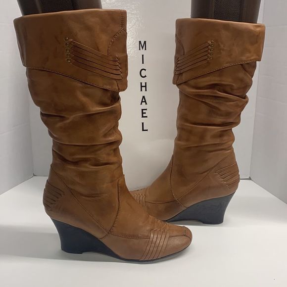 Michael Shannon Shoes - Michael Shannon Cognac Brown Tall Leather Riding Wedged Boots Women's Size 8